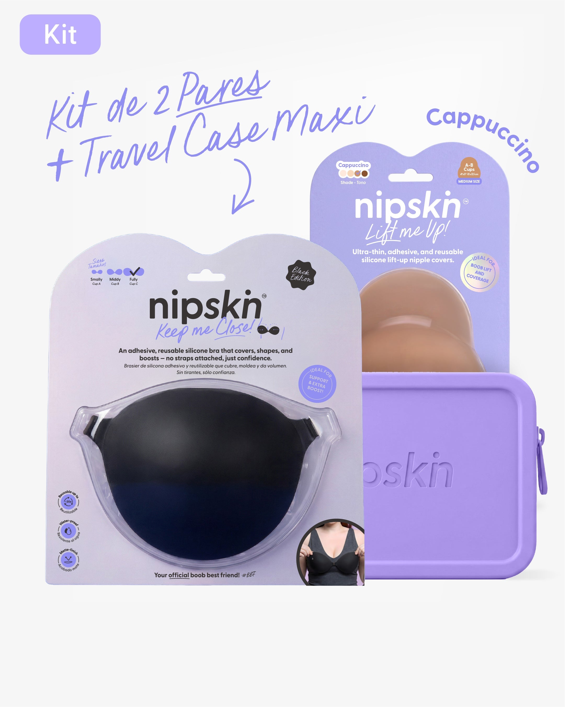 Kit Brasier Adhesivo Negro + Copas Para Levantar busto + Estuche - Nipskin®