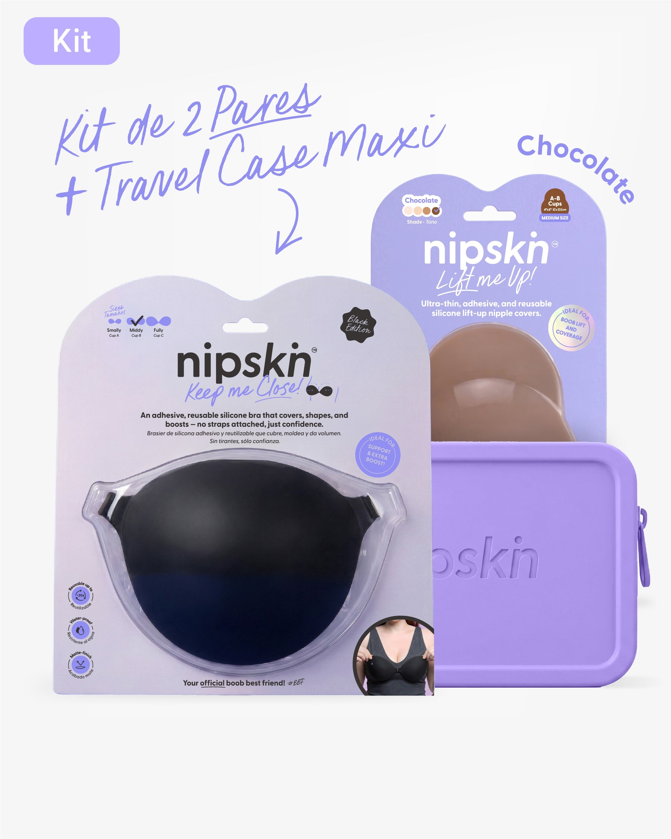 Kit Brasier Adhesivo Negro + Copas Para Levantar busto + Estuche - Nipskin®