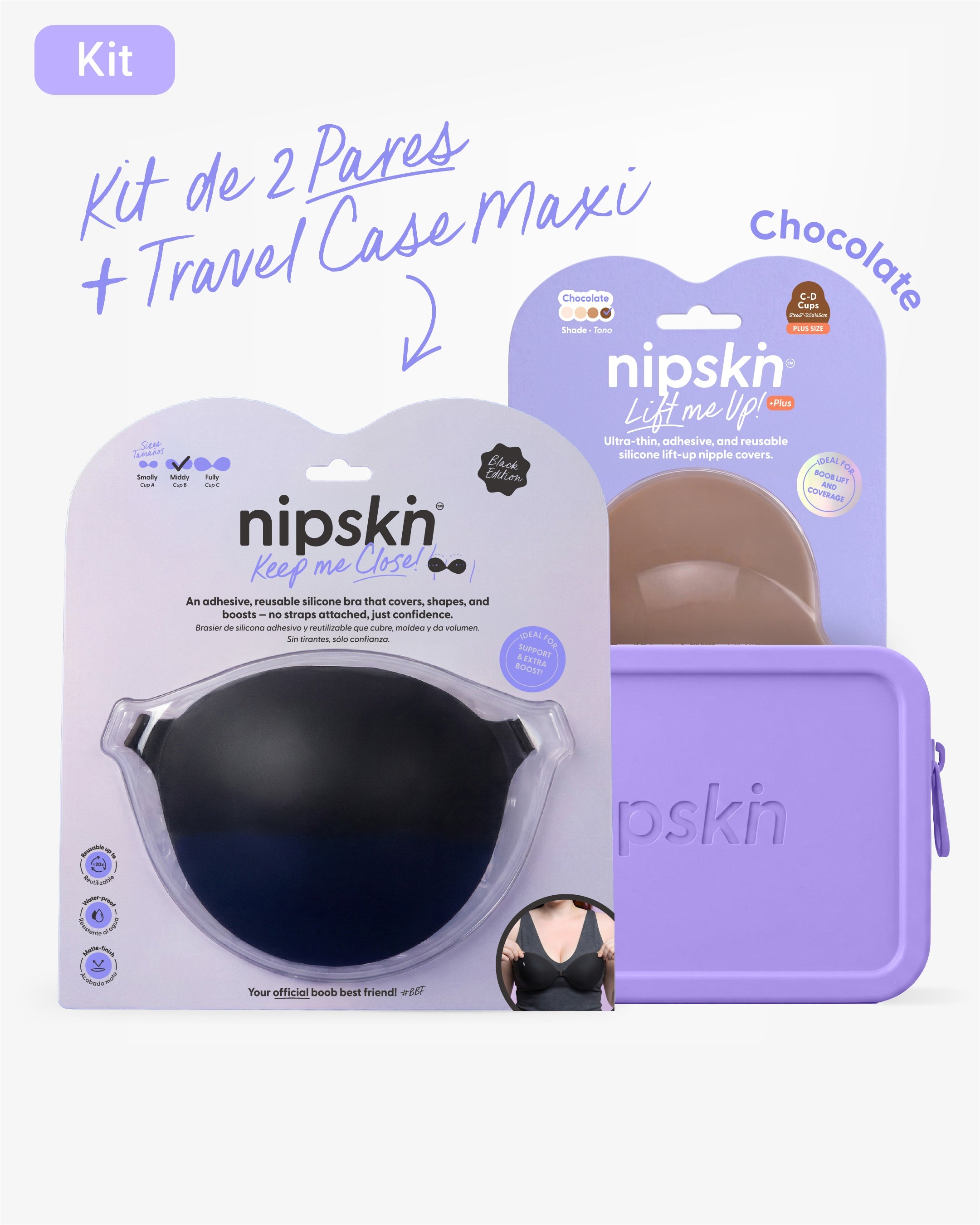 Kit Brasier Adhesivo Negro + Copas Para Levantar busto + Estuche - Nipskin®