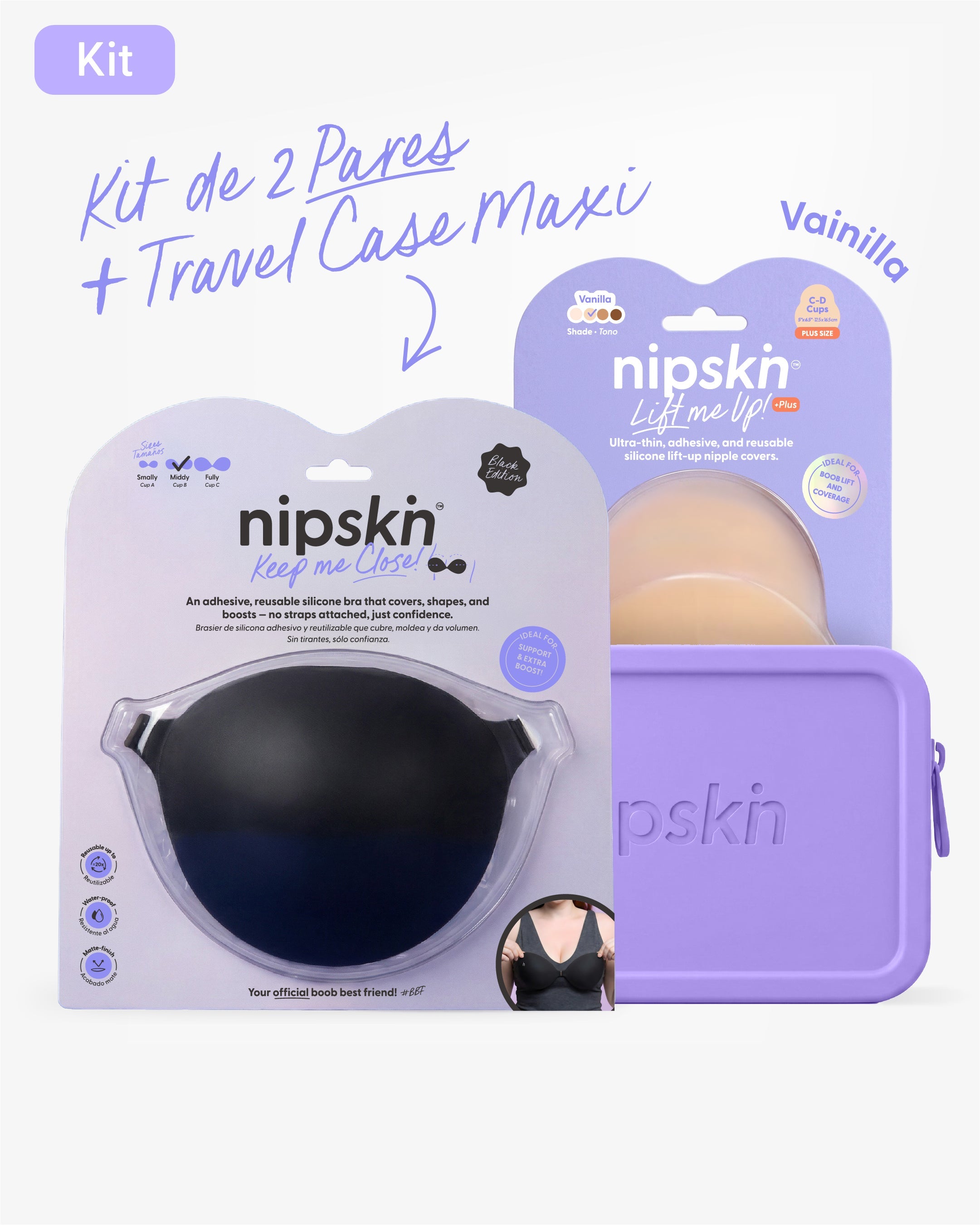 Kit Brasier Adhesivo Negro + Copas Para Levantar busto + Estuche - Nipskin®