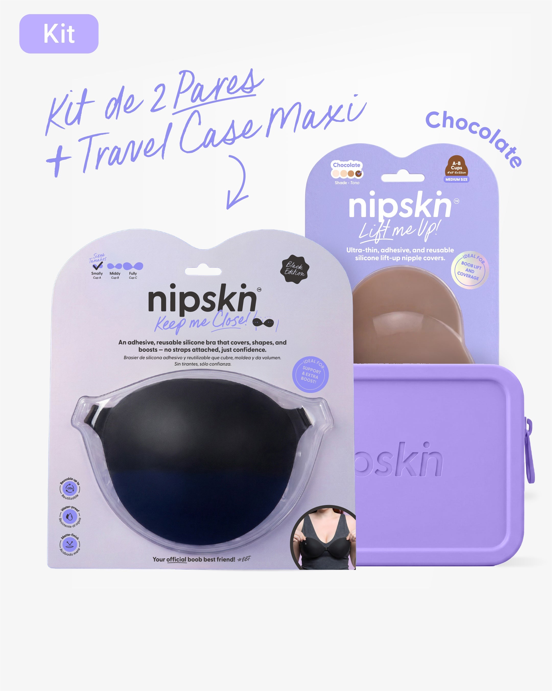 Kit Brasier Adhesivo Negro + Copas Para Levantar busto + Estuche - Nipskin®