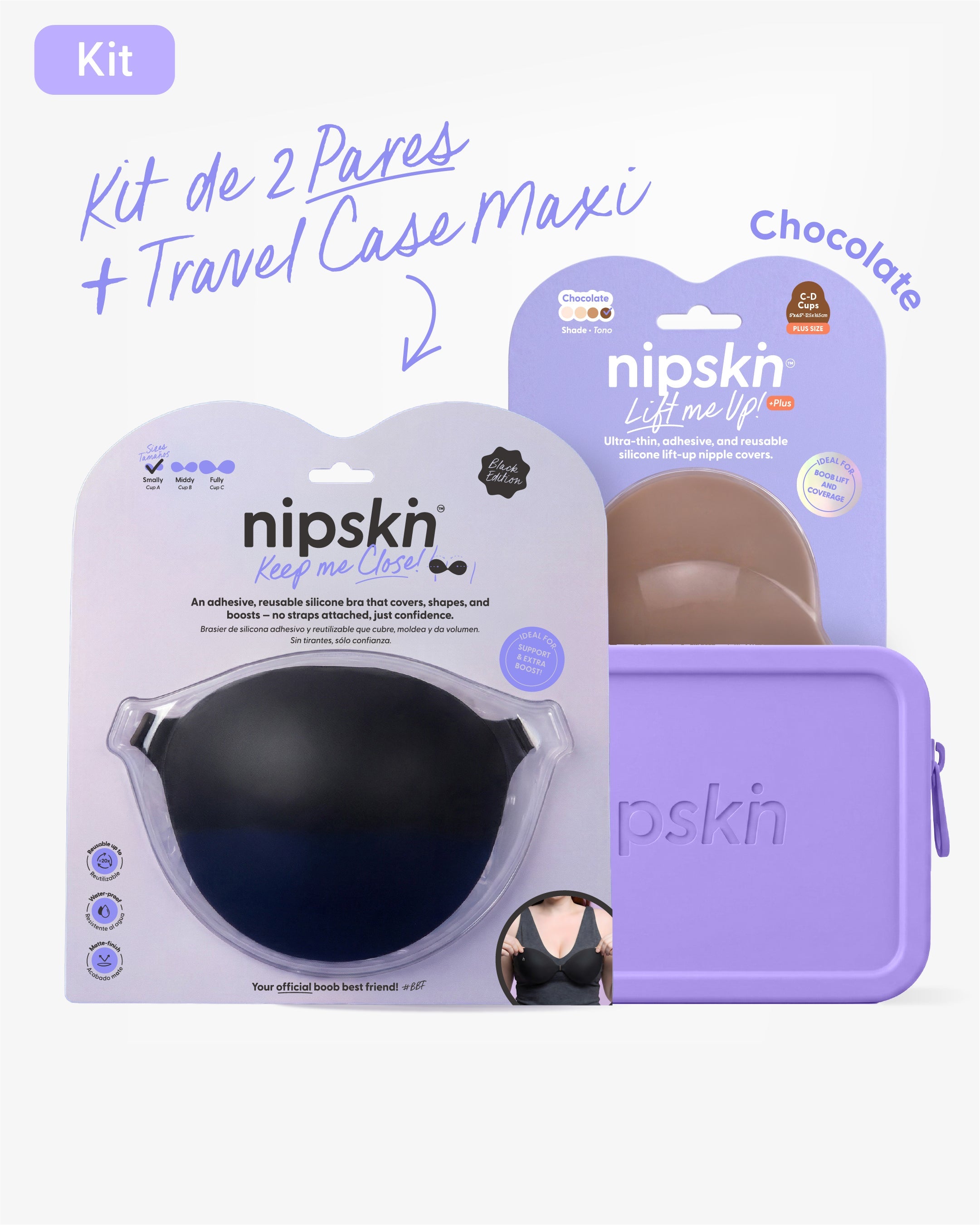 Kit Brasier Adhesivo Negro + Copas Para Levantar busto + Estuche - Nipskin®