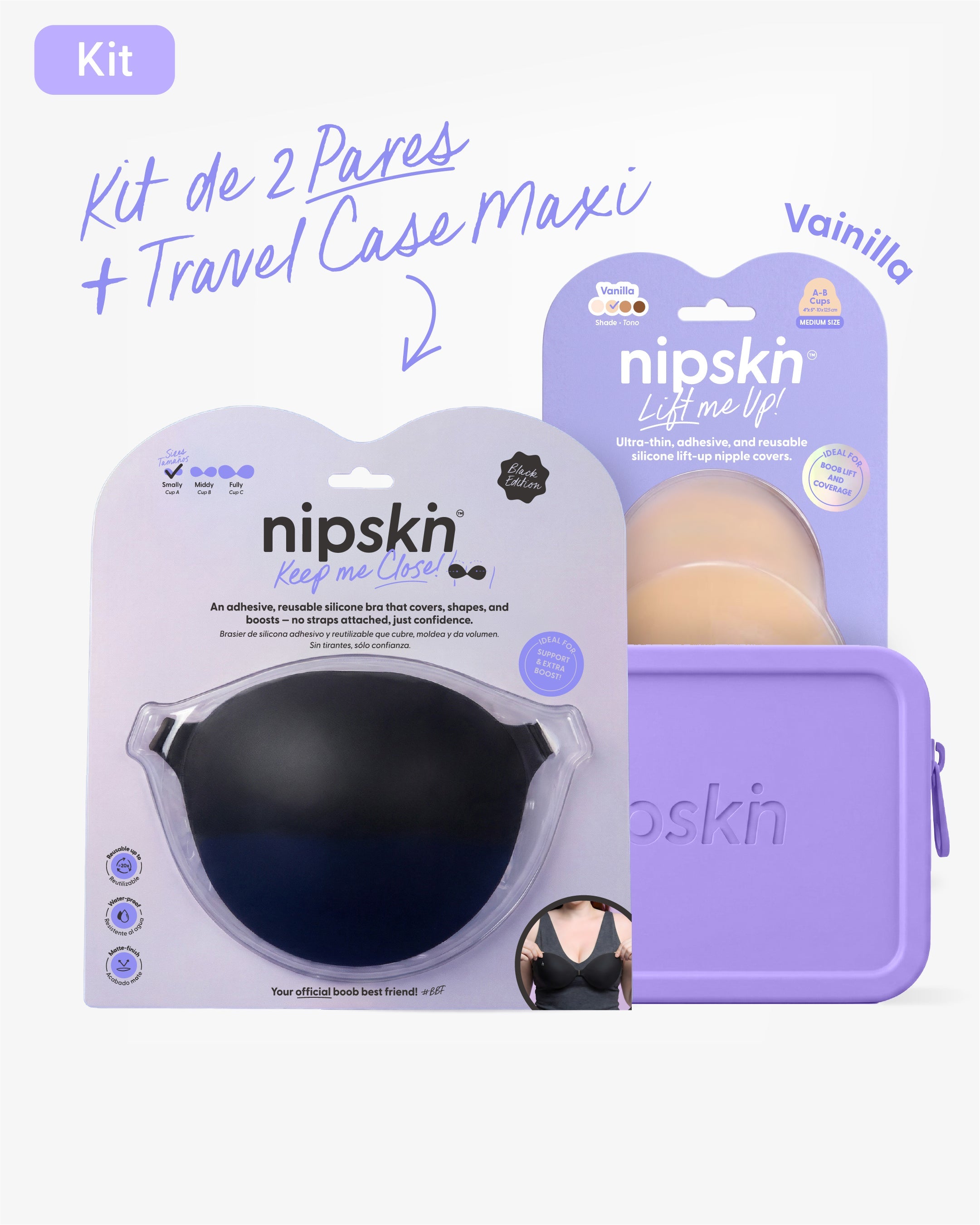 Kit Brasier Adhesivo Negro + Copas Para Levantar busto + Estuche - Nipskin®