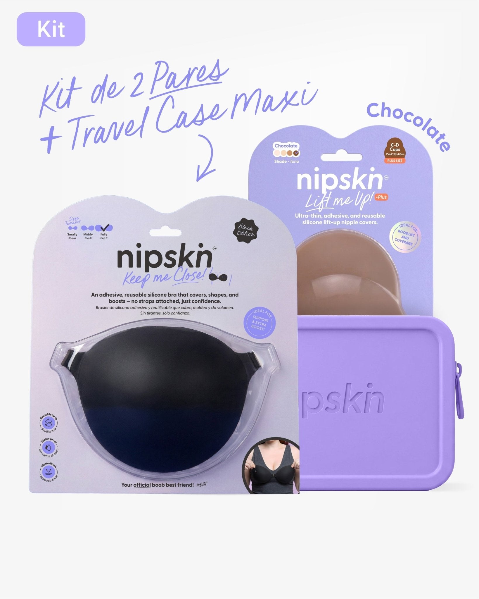 Kit Brasier Adhesivo Negro + Copas Para Levantar busto + Estuche - Nipskin®