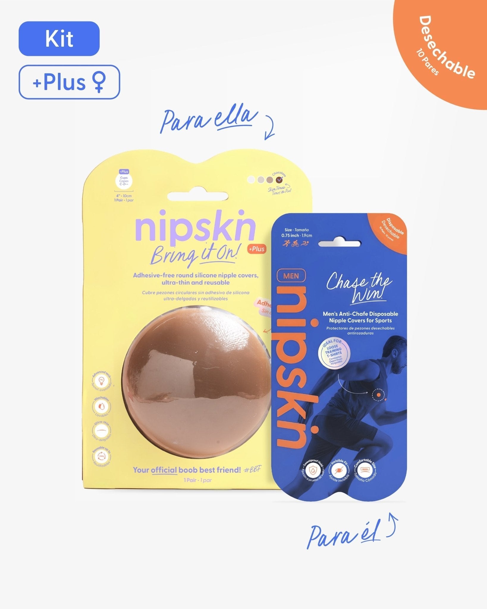 Kit Cubrepezones Pareja: Anti-Roce (Él) + Sin Adhesivo (Ella) - Nipskin®