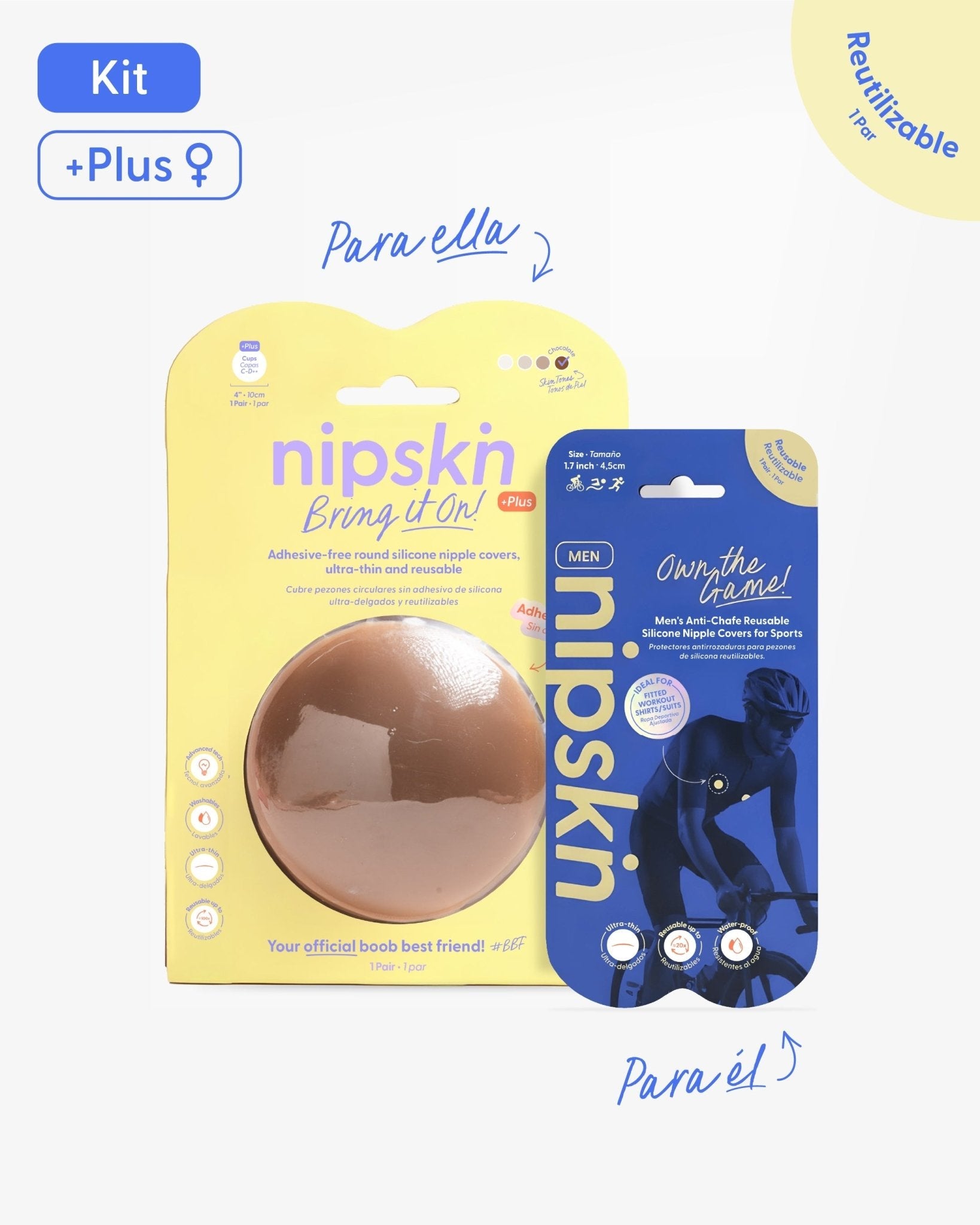 Kit Cubrepezones Pareja: Anti-Roce (Él) + Sin Adhesivo (Ella) - Nipskin®