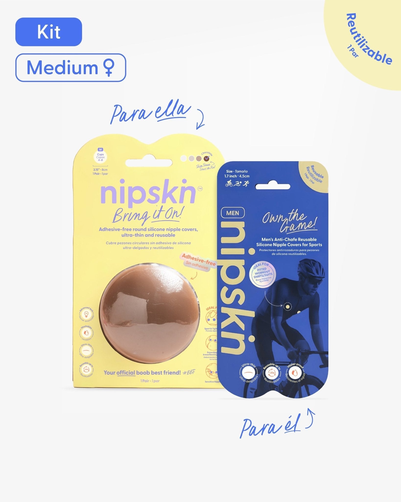 Kit Cubrepezones Pareja: Anti-Roce (Él) + Sin Adhesivo (Ella) - Nipskin®
