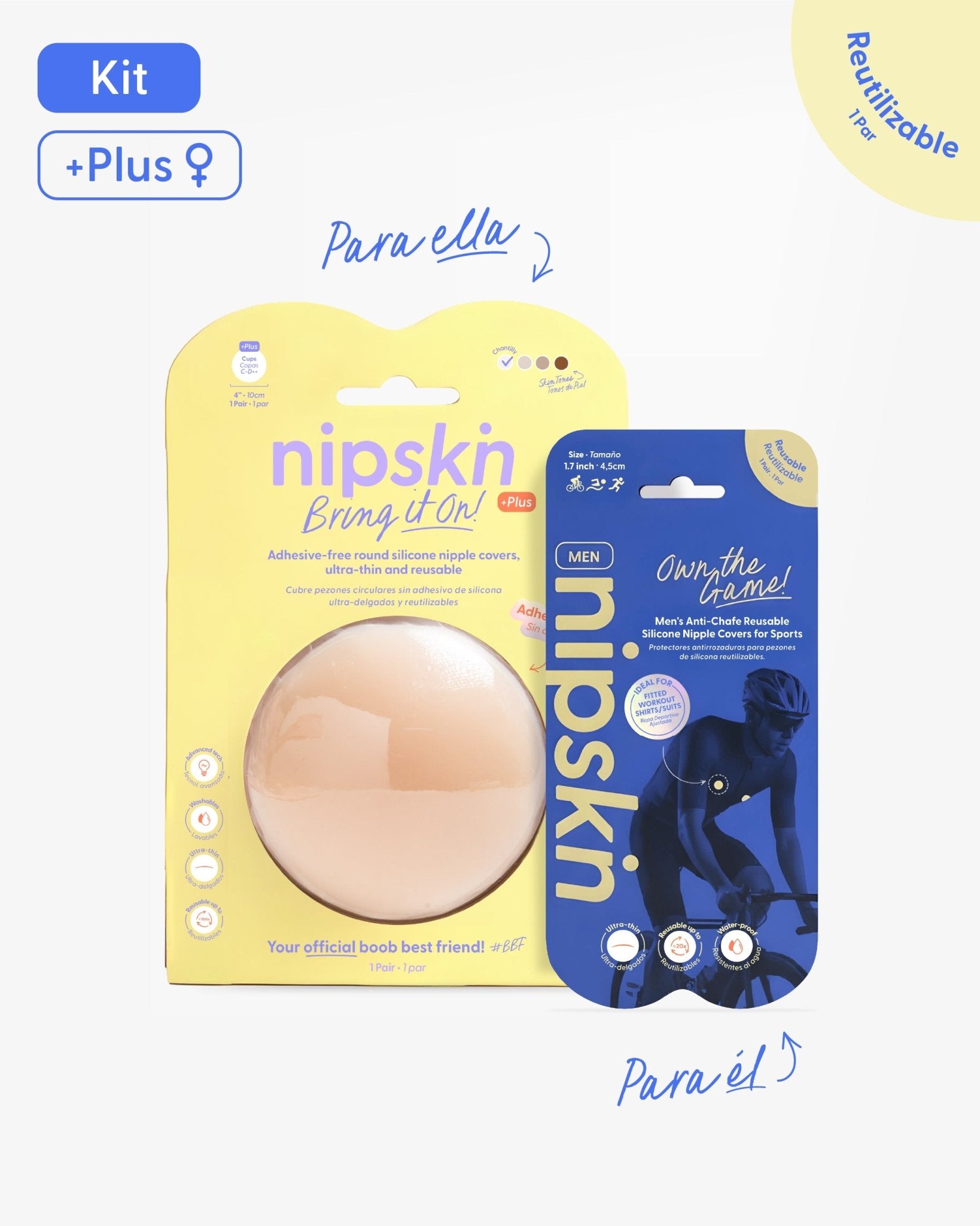 Kit Cubrepezones Pareja: Anti - Roce (Él) + Sin Adhesivo (Ella) - Nipskin®