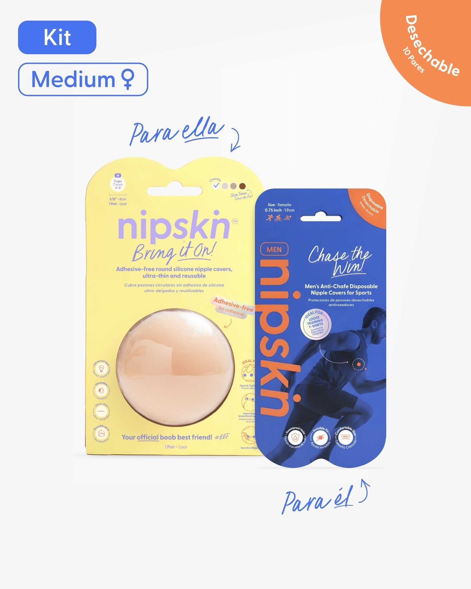 Kit Cubrepezones Pareja: Anti-Roce (Él) + Sin Adhesivo (Ella) - Nipskin®