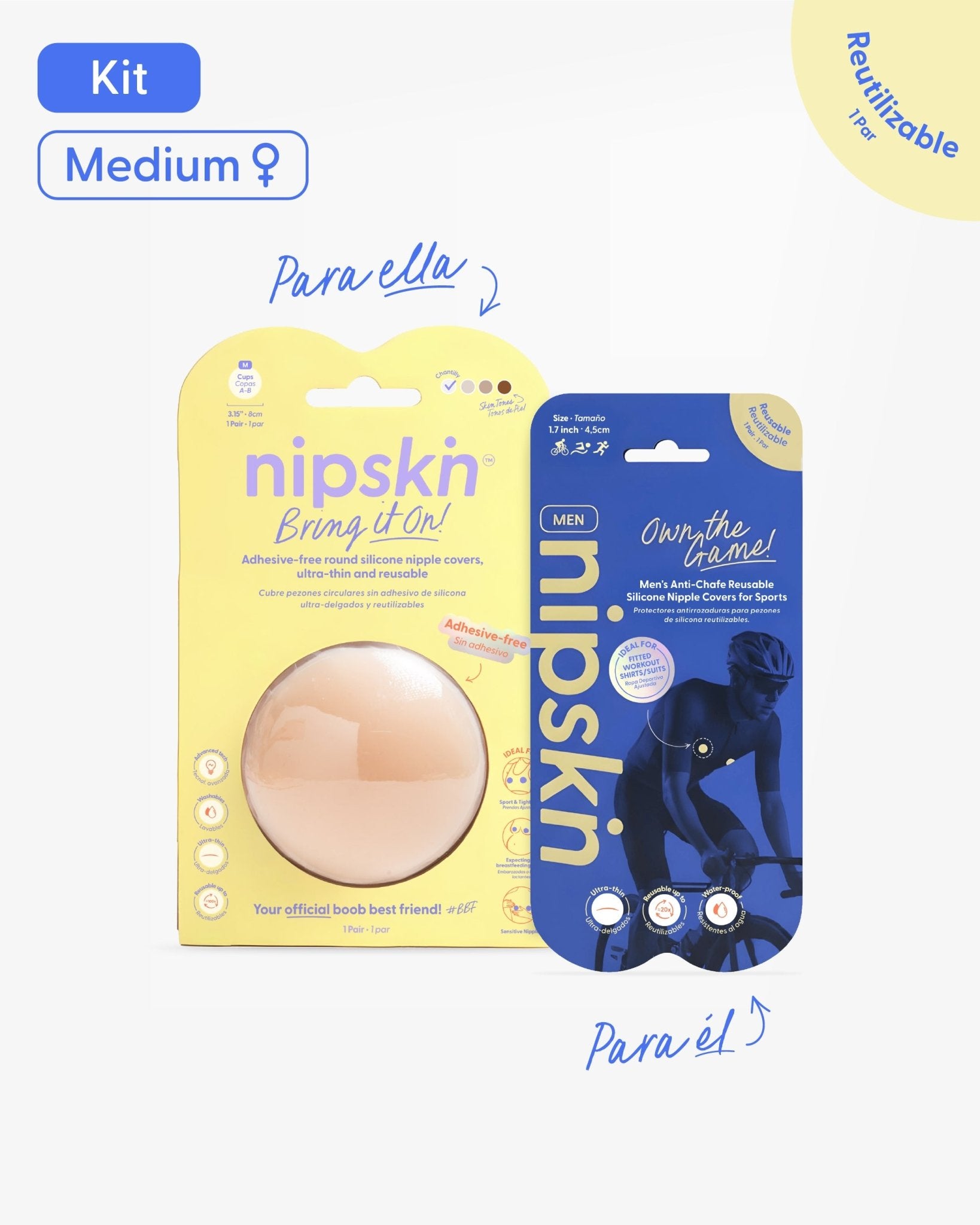 Kit Cubrepezones Pareja: Anti - Roce (Él) + Sin Adhesivo (Ella) - Nipskin®