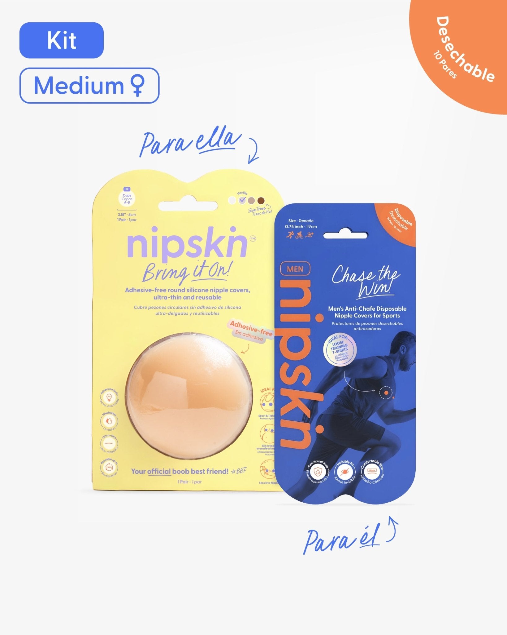 Kit Cubrepezones Pareja: Anti - Roce (Él) + Sin Adhesivo (Ella) - Nipskin®