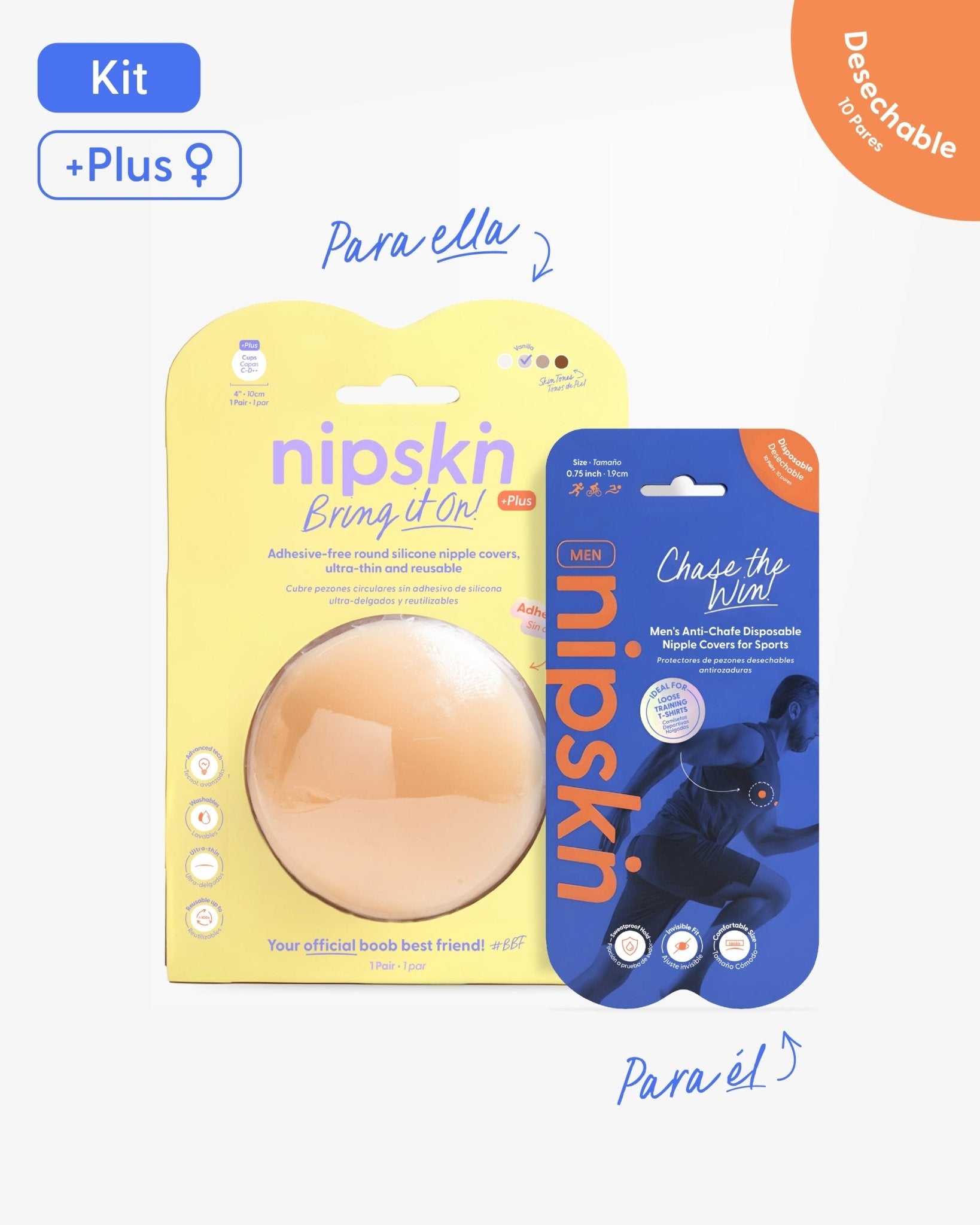 Kit Cubrepezones Pareja: Anti - Roce (Él) + Sin Adhesivo (Ella) - Nipskin®