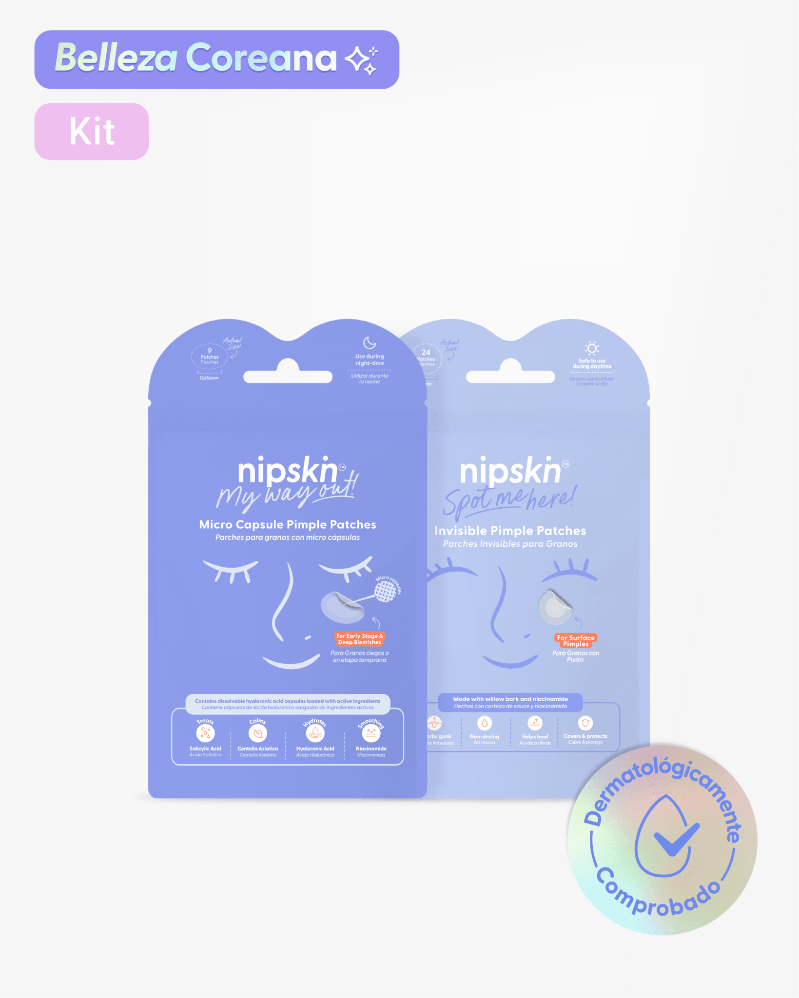 Kit Parches para Imperfecciones Nipskin® — Spot Me Here (día) + My Way Out (noche), Tecnología Coreana