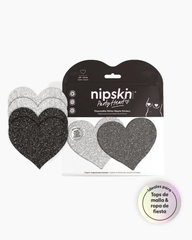 Party Heart Nipskin® — 2 pares stickers corazón con escarcha plata y negra para festivales, conciertos y disfraces